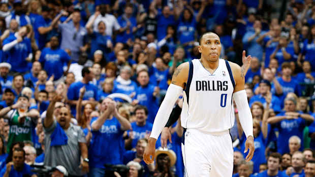 Apr 26, 2014; Dallas, TX, USA; Dallas Mavericks forward Shawn Marion (0) reacts during the game against the San Antonio Spurs in game three of the first round of the 2014 NBA Playoffs at American Airlines Center. Dallas won 109-108. Mandatory Credit: Kevin Jairaj-USA TODAY Sports